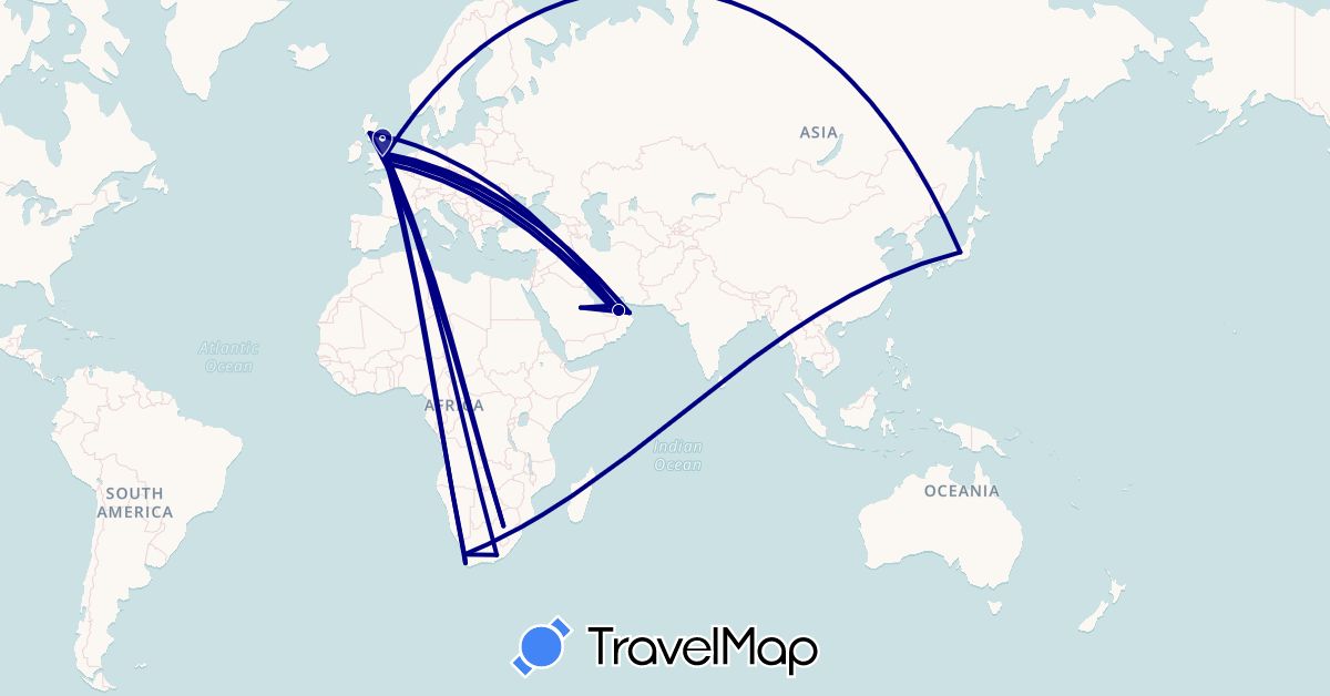 TravelMap itinerary: driving in United Arab Emirates, United Kingdom, Japan, Oman, Saudi Arabia, South Africa (Africa, Asia, Europe)